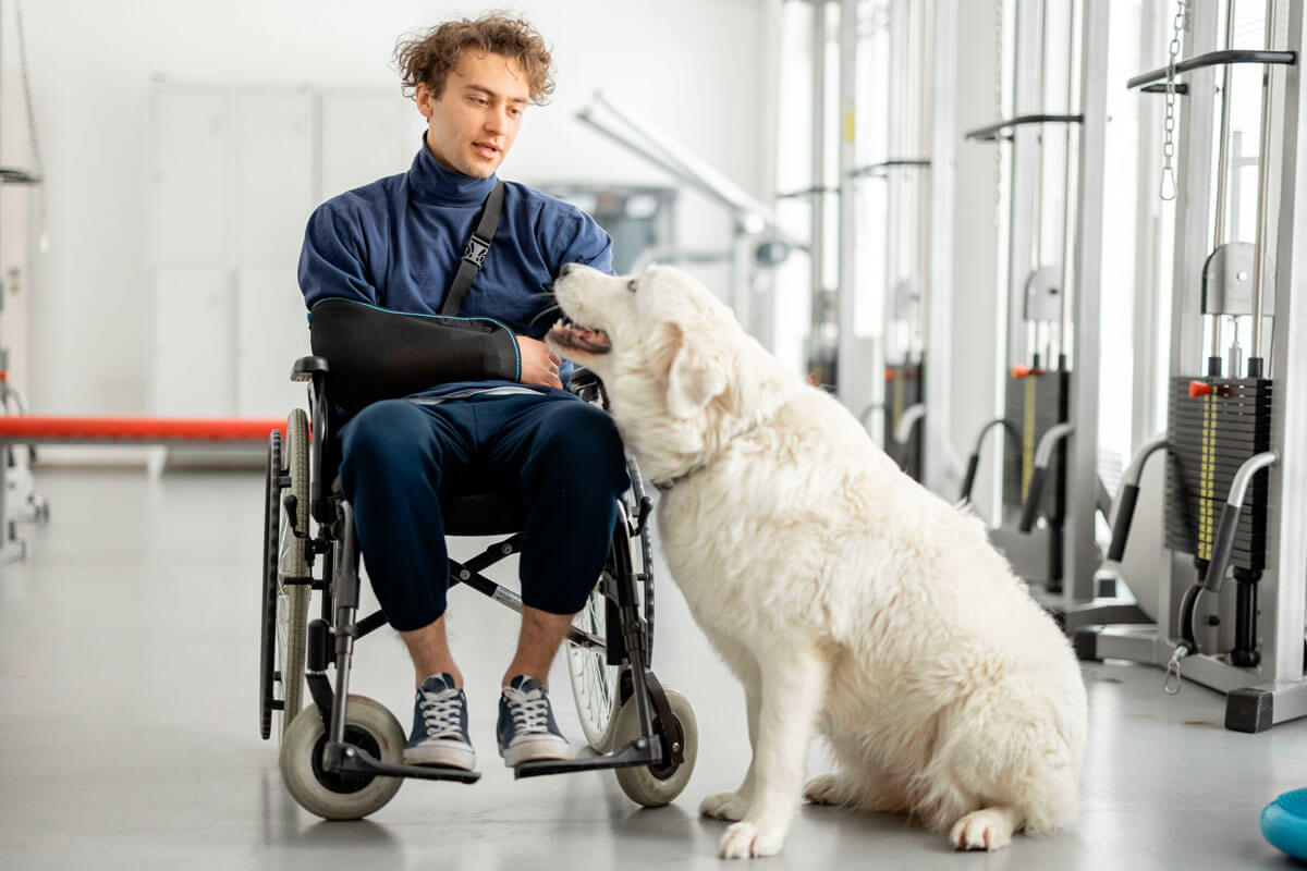  Ein Assistenzhund kann auch im Fitnesstudio helfen.